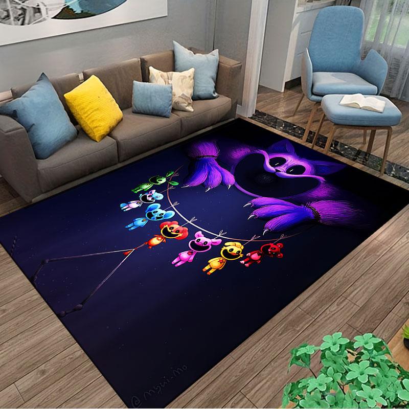 Bunte Charaktere auf dunklem Teppich, geeignet als rutschfeste Matte für das Wohnzimmer oder die Sofaecke im Schlafzimmer