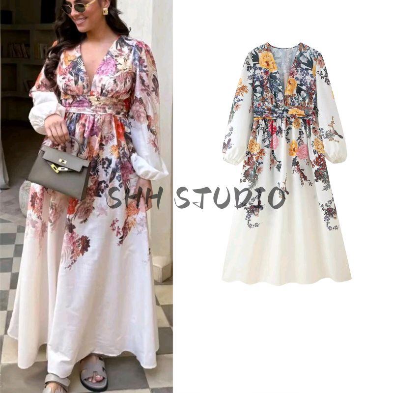 Summer New Product Women's Clothes Seaside Vacation Style Positioning Printed V-neck Long Sleeves A- line High Waist Midi Skirt Long Dress