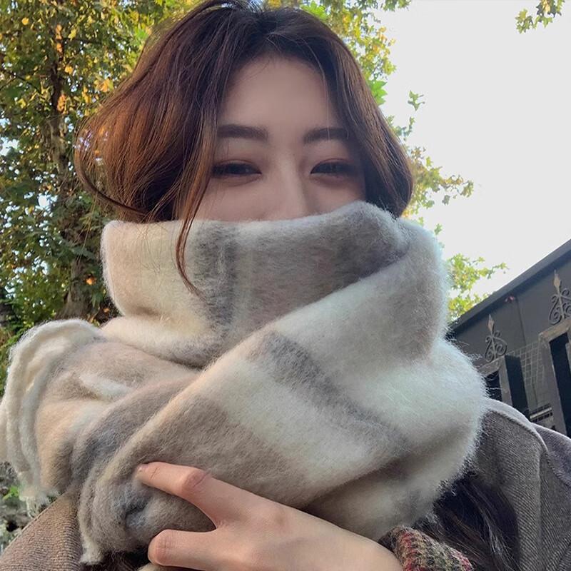 Scarf women's winter high-end color scarf fluffy fringed large shawl warm versatile atmosphere striped scarf