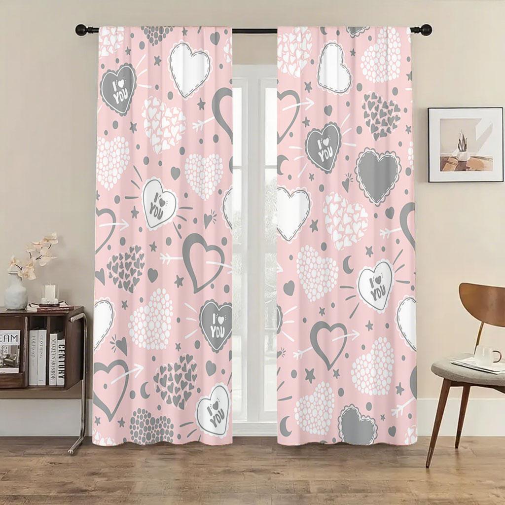 

Set Of 2 Pink Grey Love You Heart Shaped Curtain Gentle Sweet Bedroom Living Room Drawbar Pocket Decoration Polyester Perfect For W100*H70(CM)-Hooks&2PCS