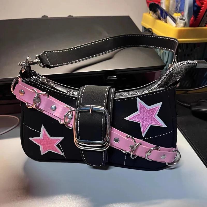 

Звездный узор Y2K Hot Girl сумки на ремне с цепочкой для женщин Черная розовая сумка Роскошная дизайнерская сумка в стиле гранж Готический моторный стиль слинг