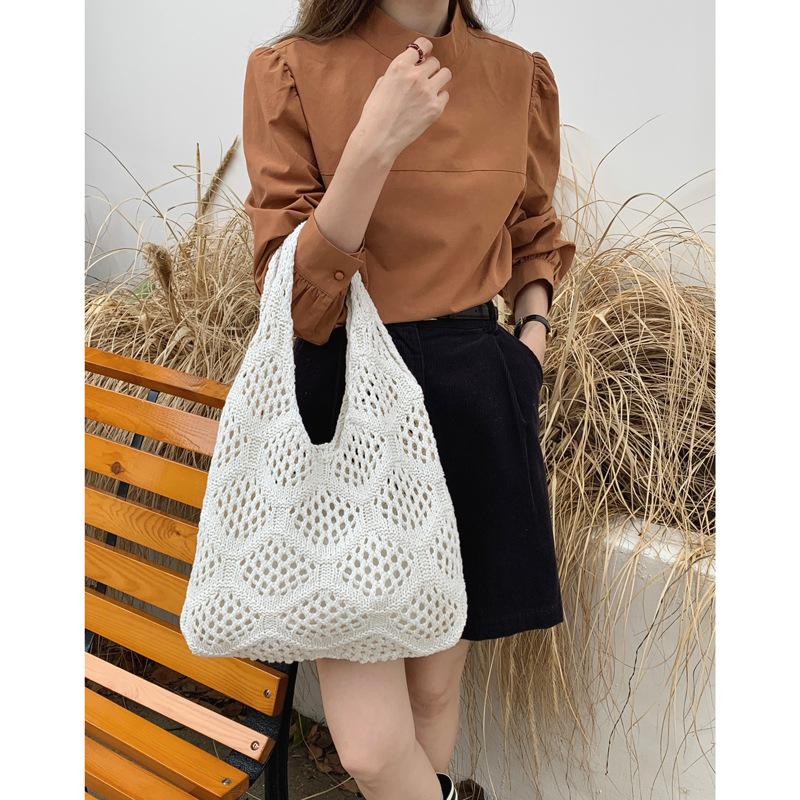 Polyester Knit Shoulder Bag for Women Diamond Hollow Out Woven Tote Purse Soft Handbag Casual Daily Commute Bag KTB