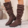 Fashion Autumn and Winter Women's Fashion Boots Stylish Round-toed Designer High Boots, Simple Nude Pleated Plus-size Women's Boots