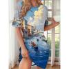 Plus Size Casual Dress with Cute Girl Print and Round Neck