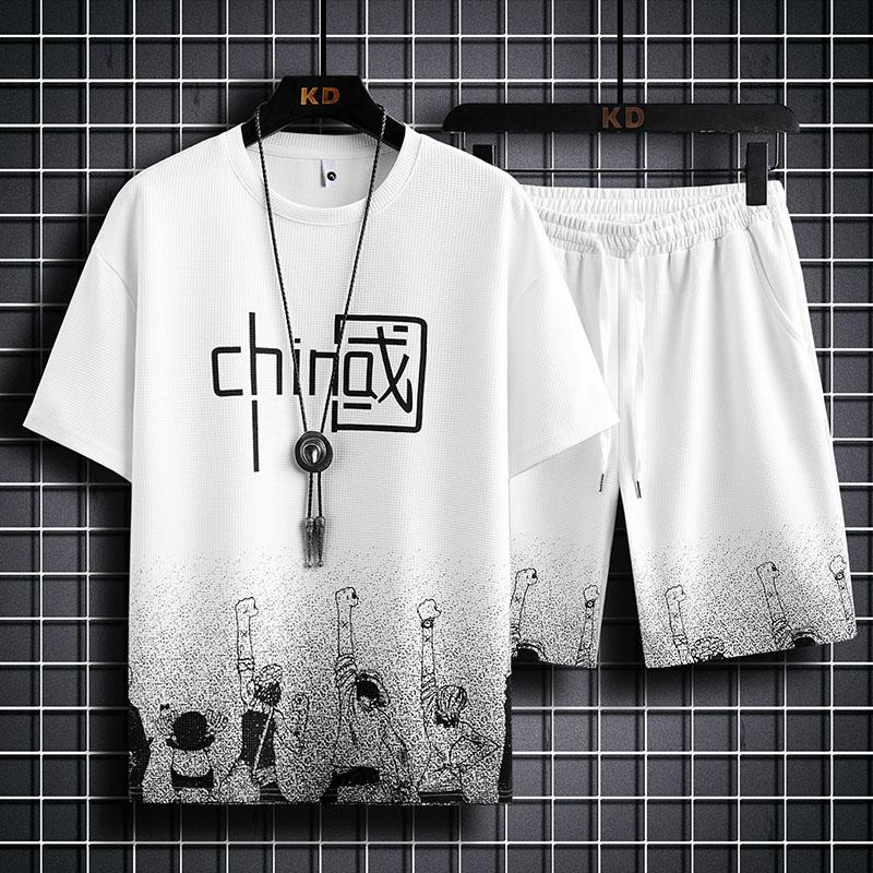 

Летние мужские комплекты из двух предметов с аниме-принтом, футболка + шорты, костюмы с градиентом, льняная ткань, повседневный костюм, мужской спортивный костюм с короткими рукавами 4XL
