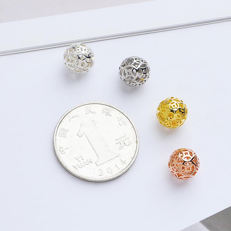 S925 Sterling Silver Hollow Copper Coin Round Spacer Beads for DIY Handmade Bracelets.