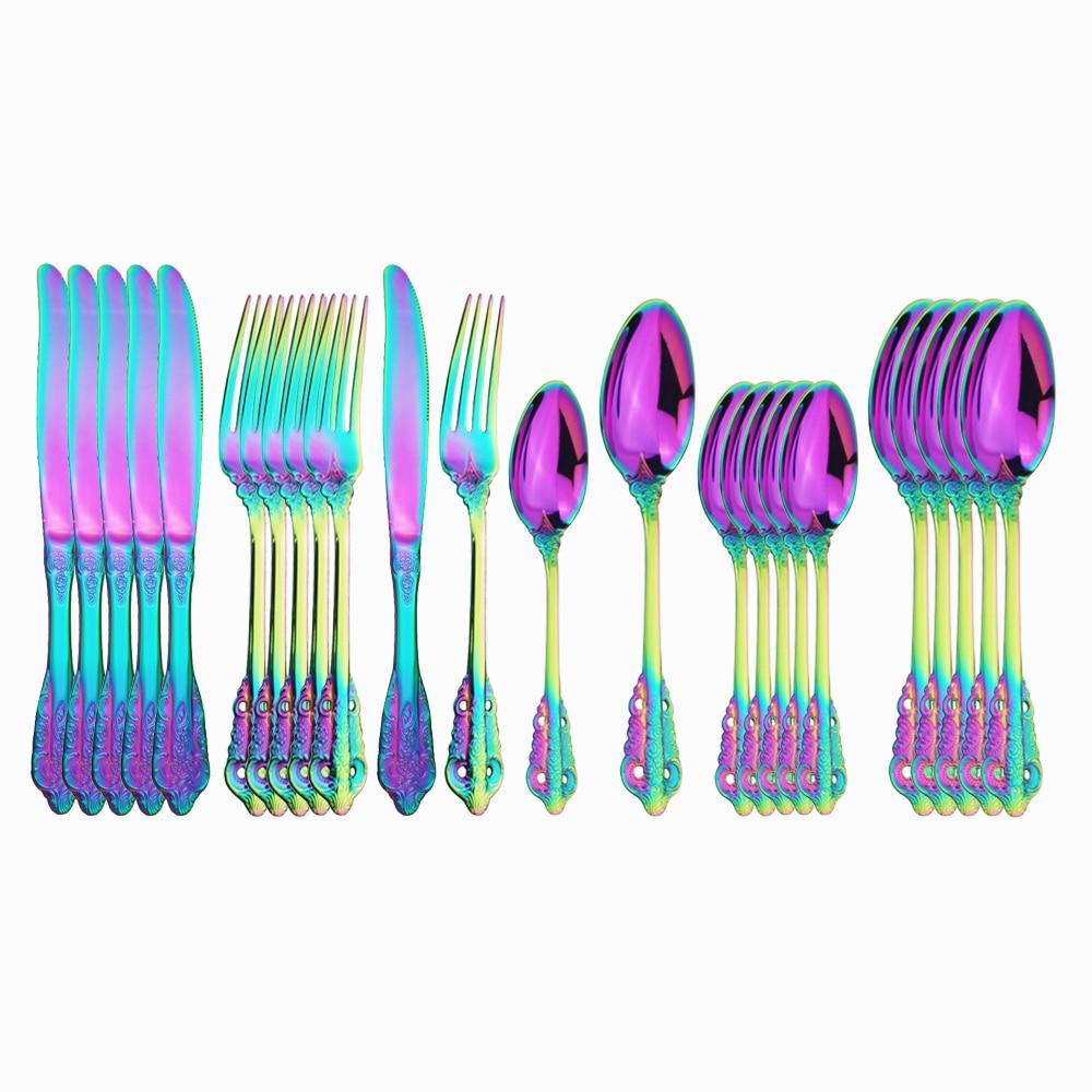 24 STK Gull servisesett Rainbow servise Middagssett 18/10 Rustfritt stål Bestikksett Knivgaffel Teskje Sølvbestikksett