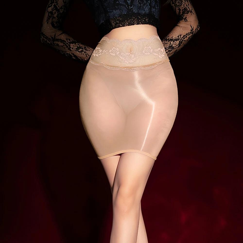 Sexy Lace Waist Women's Mini Skirts Oil Shiny Glossy Sheer Transparent Allure Elastic Pack Hip Micro Skirts Woman Clubwear Dance