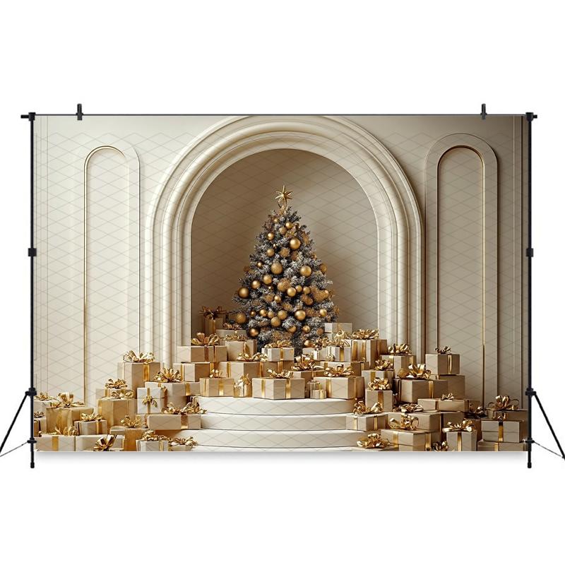 Mocsicka Christmas Tree Backdrop For Photography Beige Wall Door Gift Baby Shooting Props Decoration Background Studio Photocall