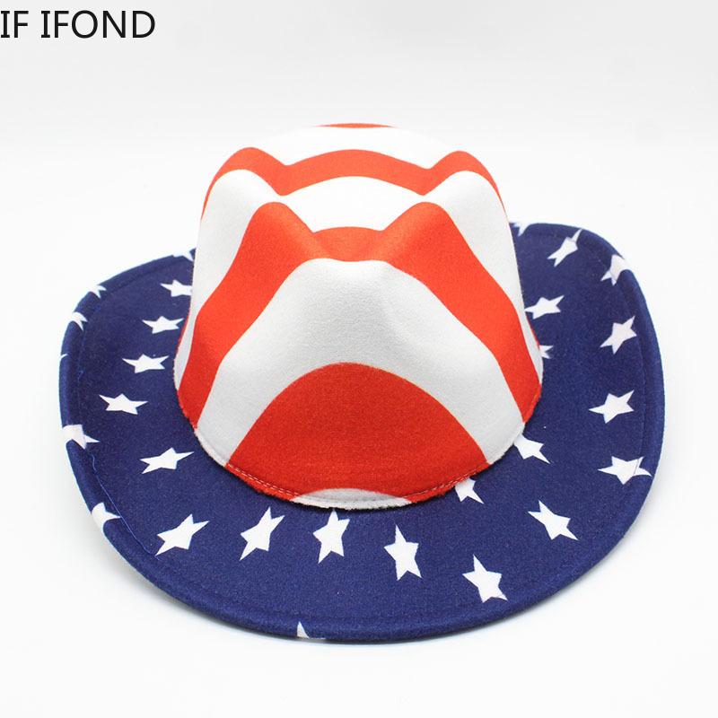 Winter Women Men Fedora Hat USA Flag Print Gentleman Western Cowboy Hat Cowgirl Felt Jazz Cap Sombrero Hombre