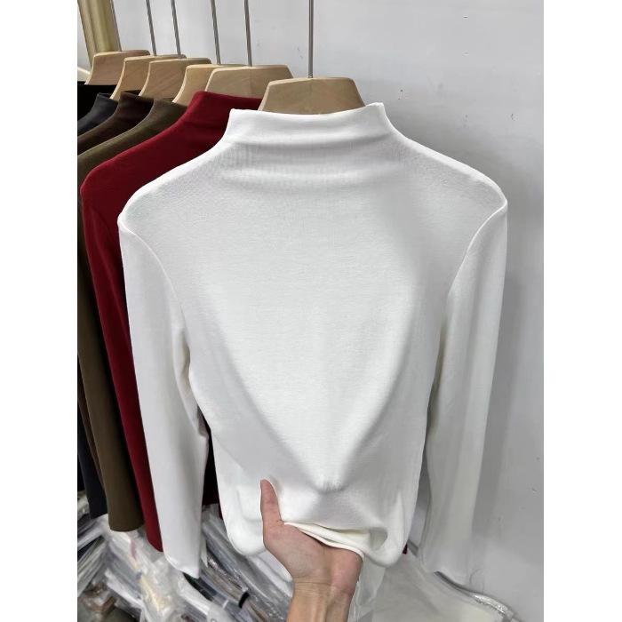 Women's Double-Sided Plush High-Neck Long-Sleeve Base Layer Shirt, Warm Slim-Fit Solid Color for Inner Wear.