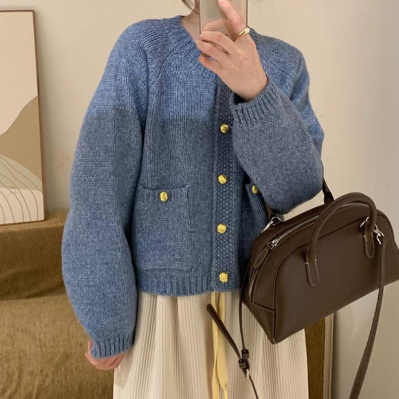 

QICED весна и осень небольшой ароматный ветер вязаный кардиган женский мягкий клейкий свитер свободный короткий свитер пальто иностранный воздух блузка для уменьшения возраста Uniform size синий