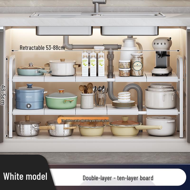Rozšiřitelný kuchyňský úložný regál: Podumyvadlová police na organizér na nádobí