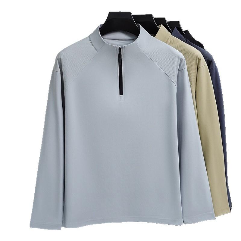 Spring Semi-Zipper Stand-Up Neck Sweater Men'S Long-Sleeved T-Shirt Solid Color Casual Sports Simple Top Men