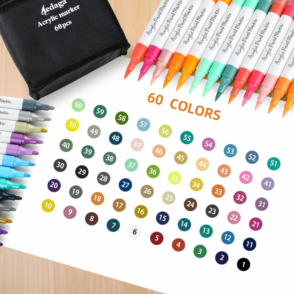Acrylmarker 60er Set, farbig, Gratis App, Farbe Quick Light, dick und fein, beschreibbar auf Kunststoff, zum Bemalen, Geschenkfarben, Stifte auf Wasserbasis, inklusive