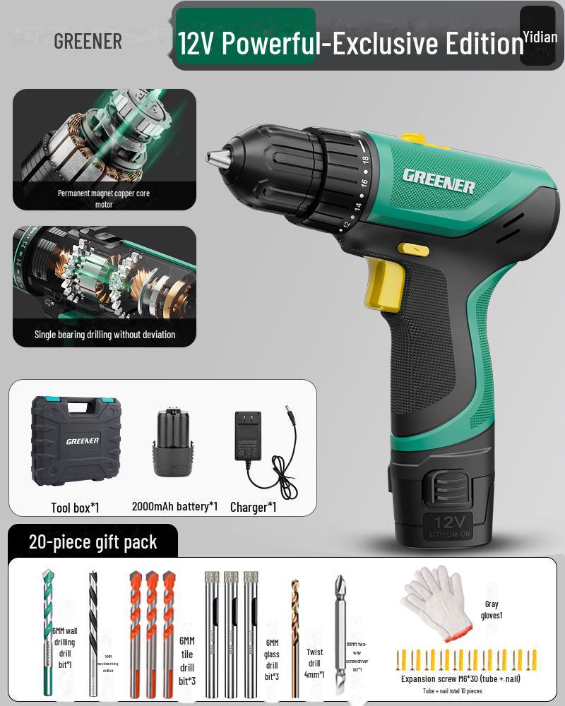 Green Forest Rechargeable Lithium Hand Drill - Multi-Function Electric Screwdriver for Household & Wall Drilling