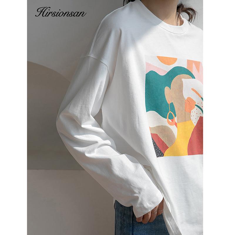 Hirsionsan Vintage Printed Long Sleeve T-shirt Women Loose 100% Cotton O-neck Tees Female Chic Aesthetic Graphic Pullover 2023