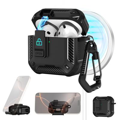 For AirPods 4 Case Compatible with MagSafe TPU PC Earbuds Cover with Carabiner/Stand