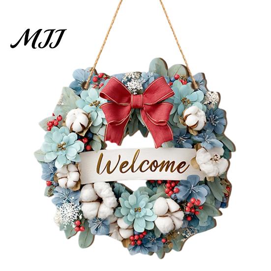 Porch Hanging Ornament Wooden Christmas Welcome Sign, Animal Round Door Decor, Outdoor Weatherproof Sign Farmhouse for Window Garden Holiday