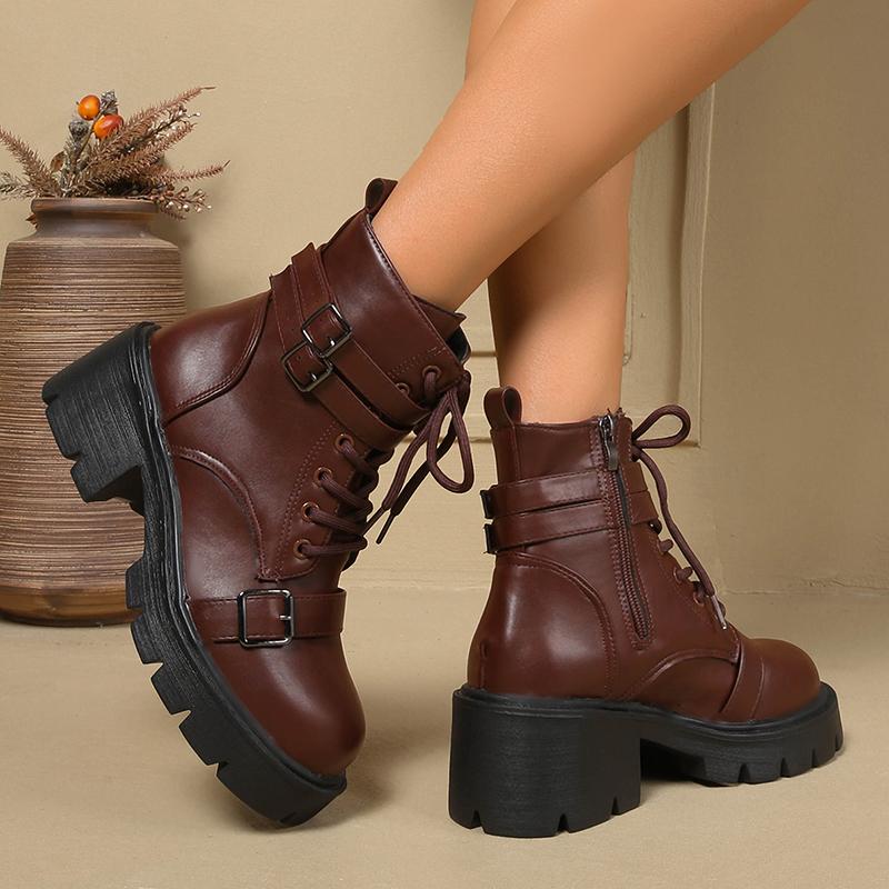 Fashion Chunky Platform Combat Boots for Women Fashion Buckle Strap Thick Heel Ankle Boots Woman Autumn Winter Black PU Leather Booties