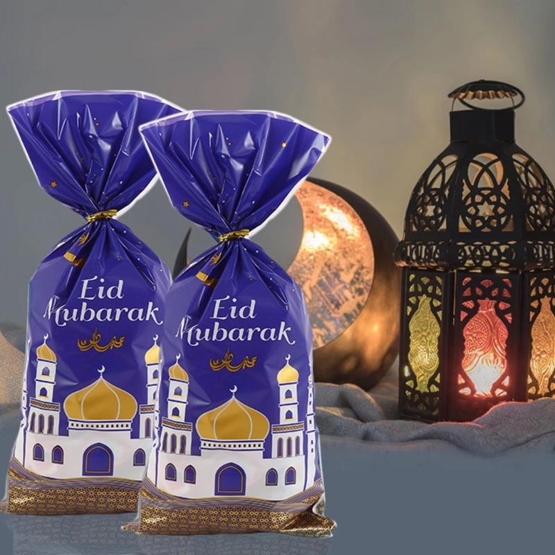 50/100Pcs Eid Mubarak Gift Bags with Rope Holiday Packaging Pouches for Children Girl Boy Birthday Party Wrapping
