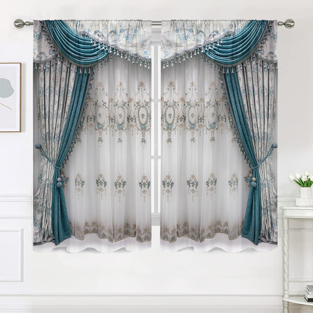 2 Pieces, Elegant and Noble Blue 3D Simulation Curtains - Semi Blackout - Suitable for Living Room, Bedroom, Kitchen, Home Decor