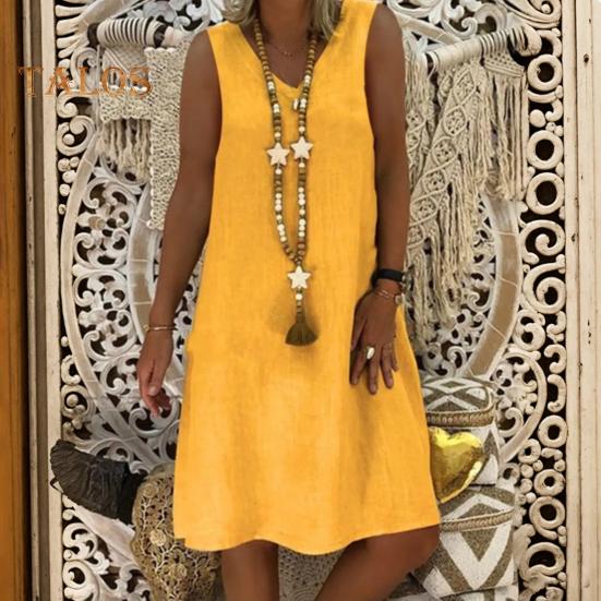 Lady Summer Dress Sleeveless V Neck A-line Solid Color Knee Length Midi Dress Pullover Vest Type Vacation Beach Dress