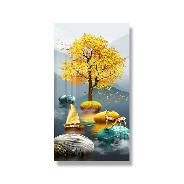 

Китайский фэншуй, золотое богатое дерево, холст, картина, олень, пейзаж, счастливый камень, дзен, постеры, настенное искусство для декора гостиной, Куадрос 60cm×170cm NoFrame