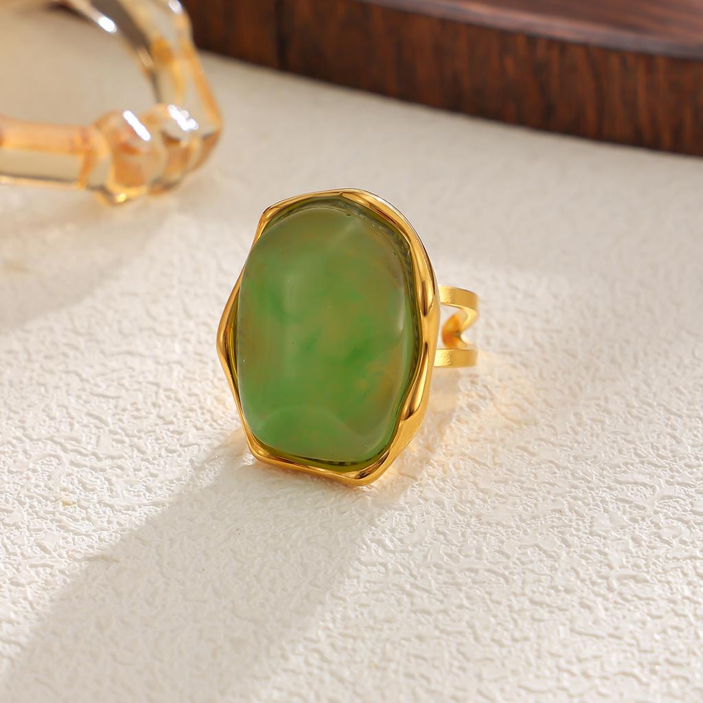 KunJoe Exquisite Multi-Color Acrylic Resin Adjustable Ring Women 18K Gold Plated Stainless Steel Rings Summer Waterproof Jewelry