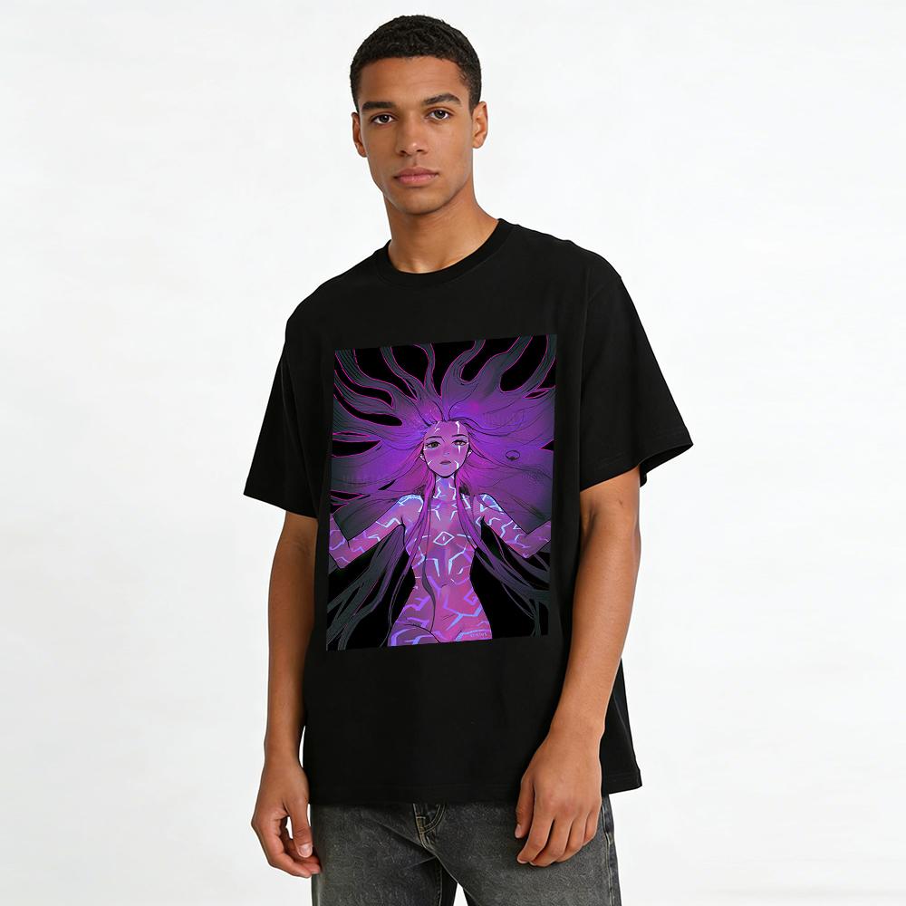Cyberpunk Purple-Haired Girl Print T-Shirt Dark Street Style Loose Casual Top for Trendsetters Pure cotton T-shirt