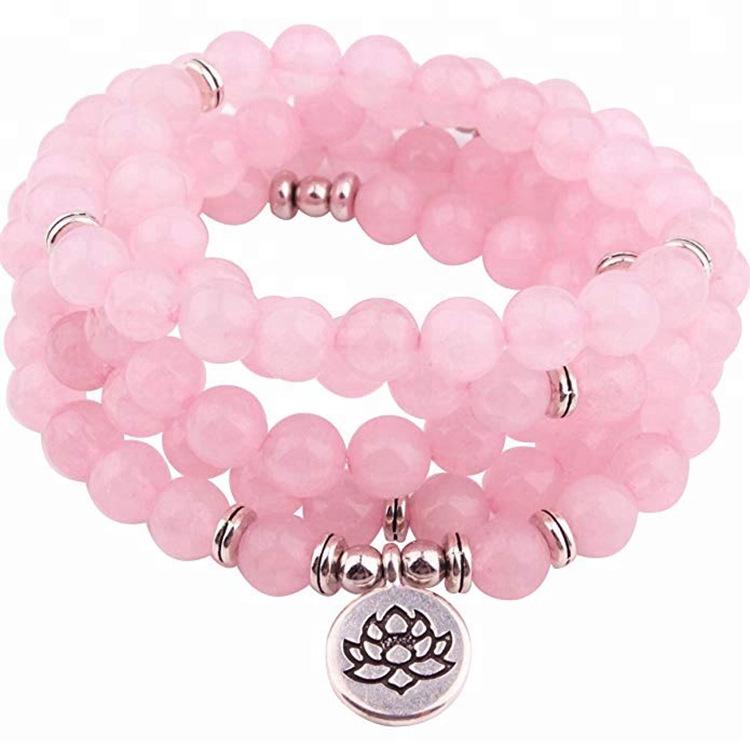 Natural Pink Crystal Bracelet with Lotus Ohm Pendant for Women - Buddhist Yoga Jewelry