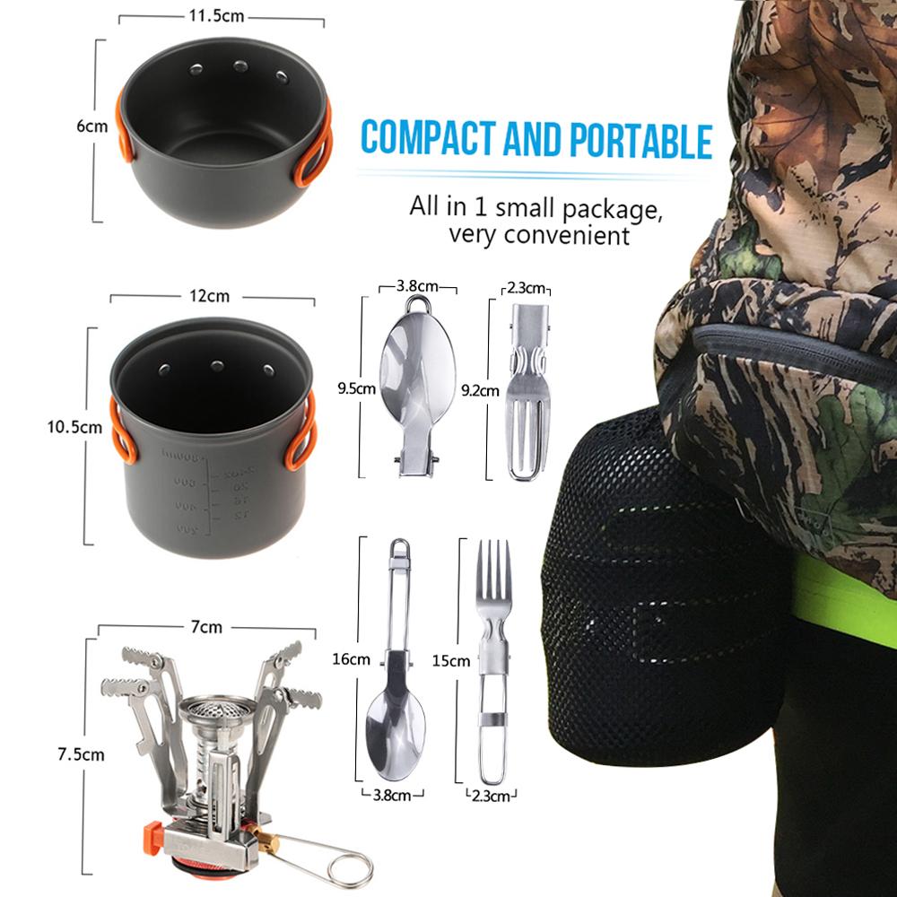 Outdoor Camping Hiking Cookware with Mini Camping Piezoelectric Ignition Stove Backpacking Cooking