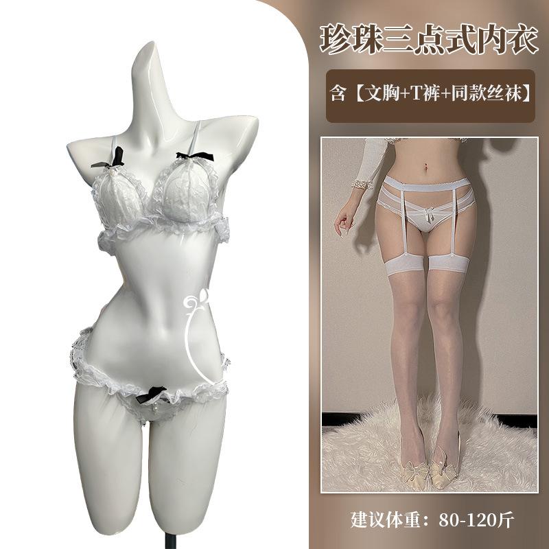Pearl three-point underwear set, sexy lace open bow, sexy underwear, hot bra.