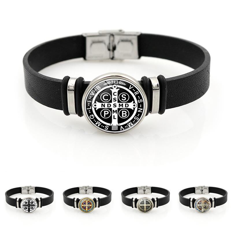 Elegant Saint Benedict Medal Adjustable Bracelet Stylish Black Leather Jewelry Unisex Gift