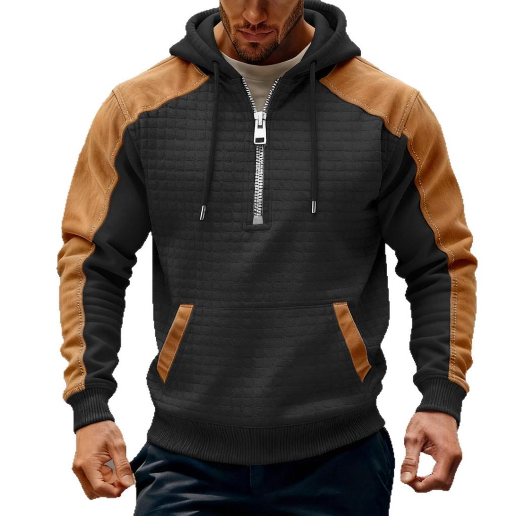 Men's Retro Color Block Velvet Hoodie - Autumn/Winter Trendy Sporty Casual Sweatshirt