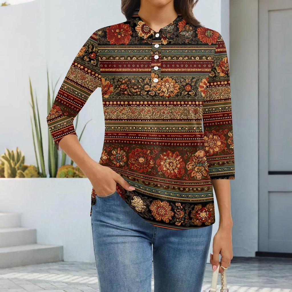 Dámská móda Ležérní klopa Krátký 3/4 rukáv Potisk Košile Dámské zapínací topy