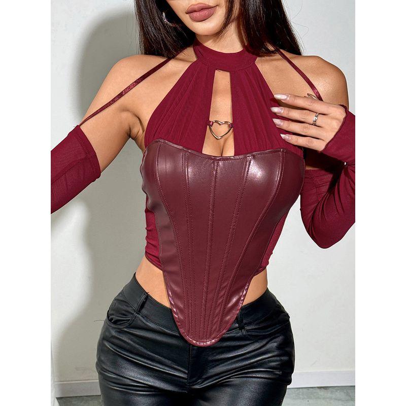 Outfitgirl Sexy Stylish Wear Fishbone PU Leather Wrapped Chest Patchwork Halter Lace-up Vest Round Edge Tops Women