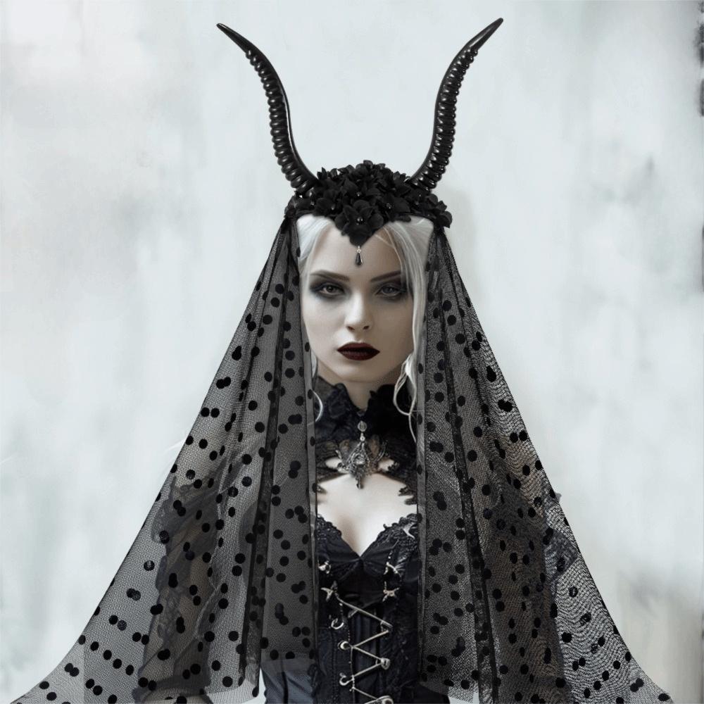 Black Halloween Devil Headwear with Veil Sheep Horn Headband Adults