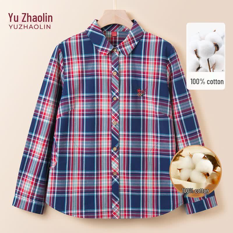 YUZHAOLIN Women's Plaid 100% Cotton Embroidered Long Sleeve Shirt