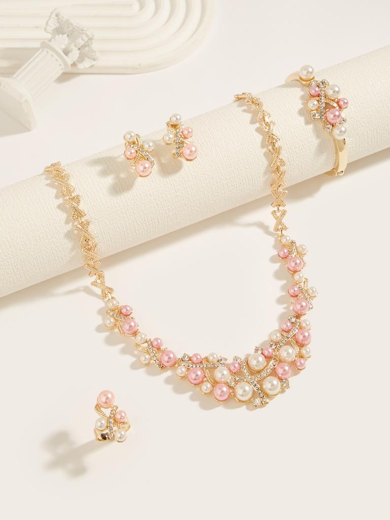 Elegante Set di Gioielli Rosa e Bianchi con Perle Finte e Strass