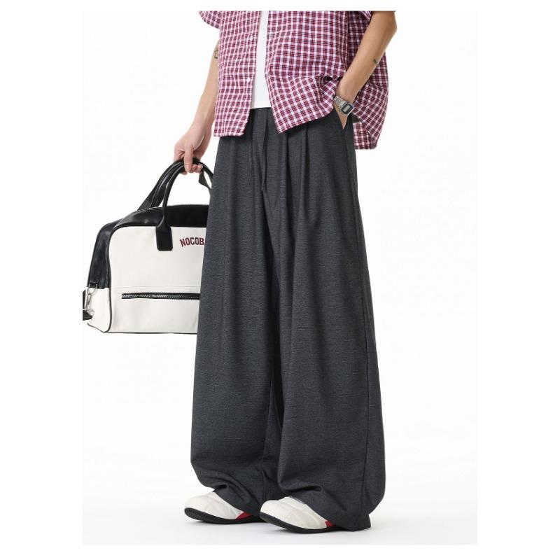 Mens Loose Draped Double Pleated Waist Straight Casual Long Trousers