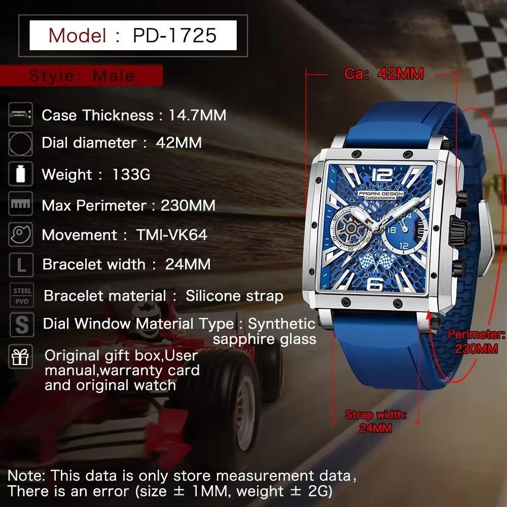PAGANI DESIGN Men's Rectangle Quartz Watch Japan TMI VK64 Movt Luxury Sapphire Skeleton Stainless Steel Waterproof Reloj Hombre