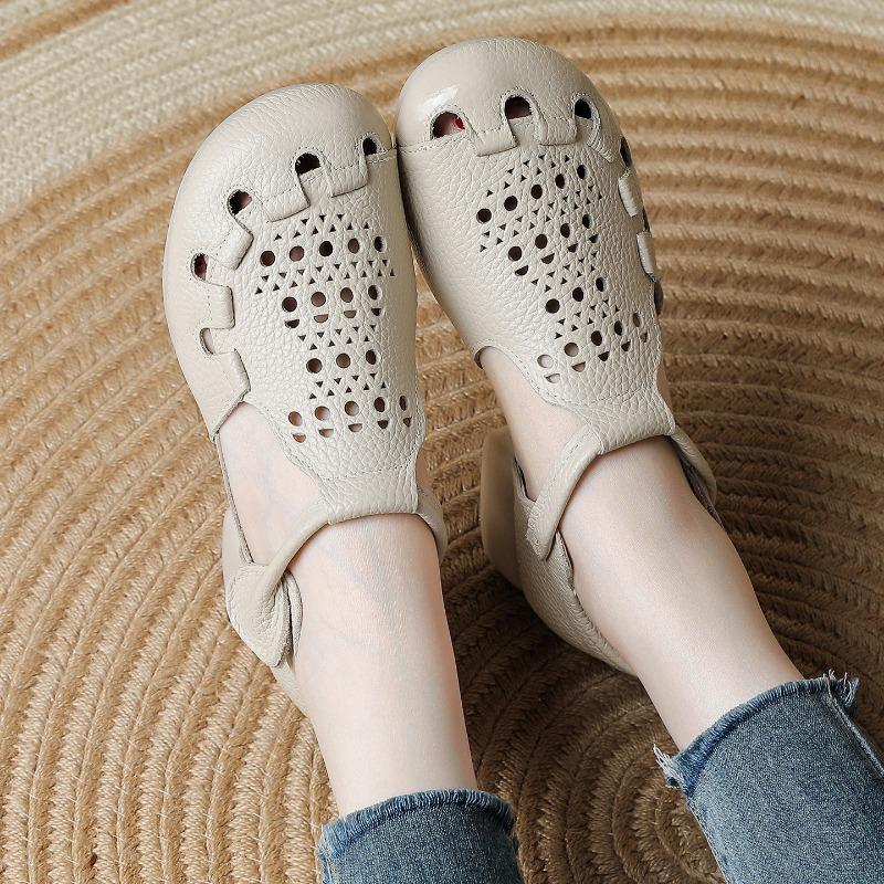 Real cowhide summer new beef tendon sole middle heel mother shoes comfortable soft sole hollow retro sandals women