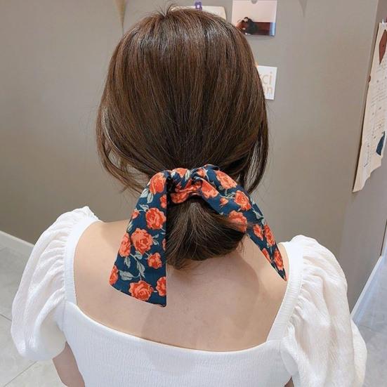 Hair Tie Floral Print Long Ribbon Chiffon Fabric Hair Rope Easy to Wear Bun Half-Tied Hairstyles Ponytail Holder Hair Accessory
