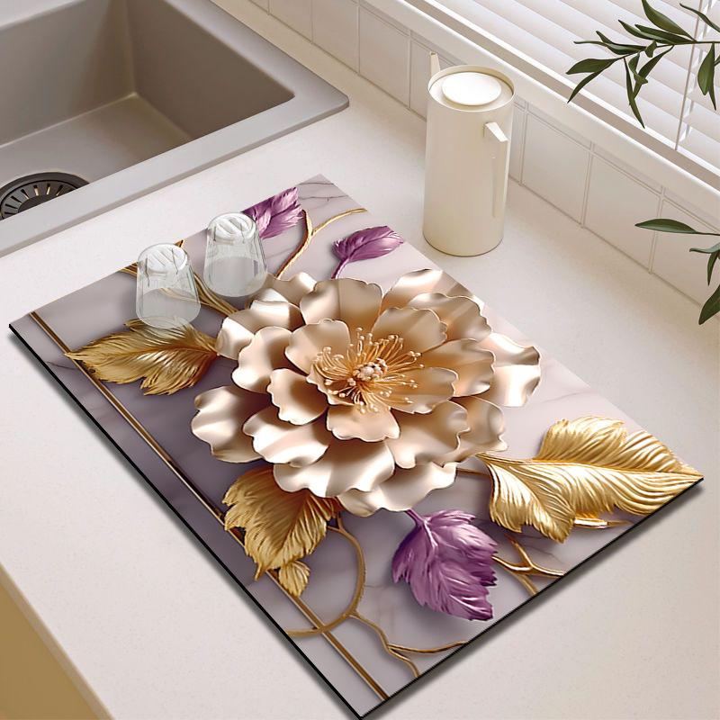 3D Floral Diatom Mud Drain Pad - Heat-Insulating, Quick-Drying, Non-Slip Kitchen Mat
