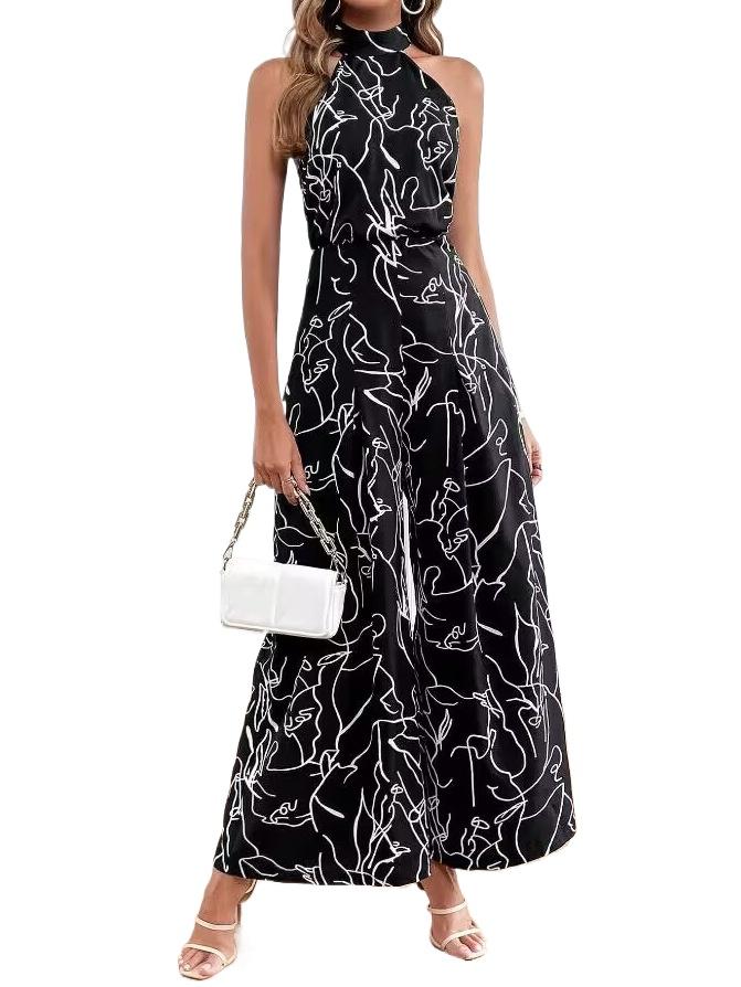 

Летний трансграничный европейский и американский женский модный комбинезон без рукавов с круглым вырезом для отдыха, модный облегающий комбинезон с принтом на завязках 3XL чёрный