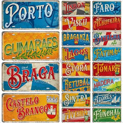 Artisan Portugal Symbole de Lieu Plaque d'Immatriculation Ville Panneau Métallique Plaque Décorative pour Véhicule Décor Mural Garage Bar Pub Club Hôtel Café