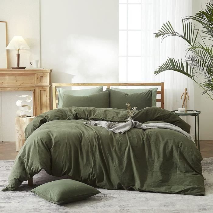 Housse de Couette - Sedefen - 220x240 cm - Vert Olive - Coton Lavé - 2 Taies 65x65 cm