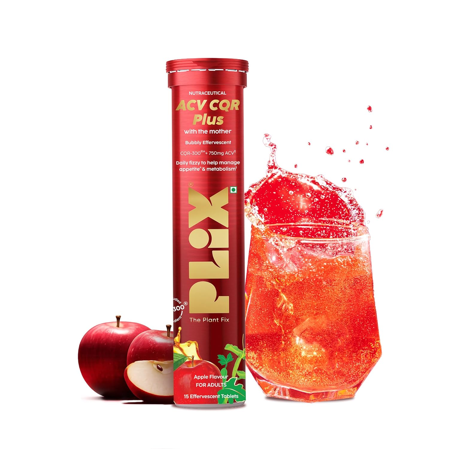 

PLIX ACV CQR Plus Effervescent Tablets For Daily Metabolism Support, Appetite Balance, Refreshing Apple 15 Tablets