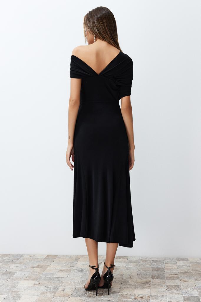Women's Dress New Season Fashion Black Asymmetric Collar Knitted Stylish Evening Dress